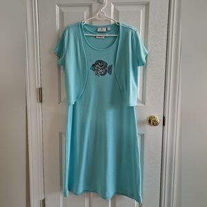Quaker Factory 2pc Sleeveless Aqua Dress With Short Sleeve Cover Up Size…